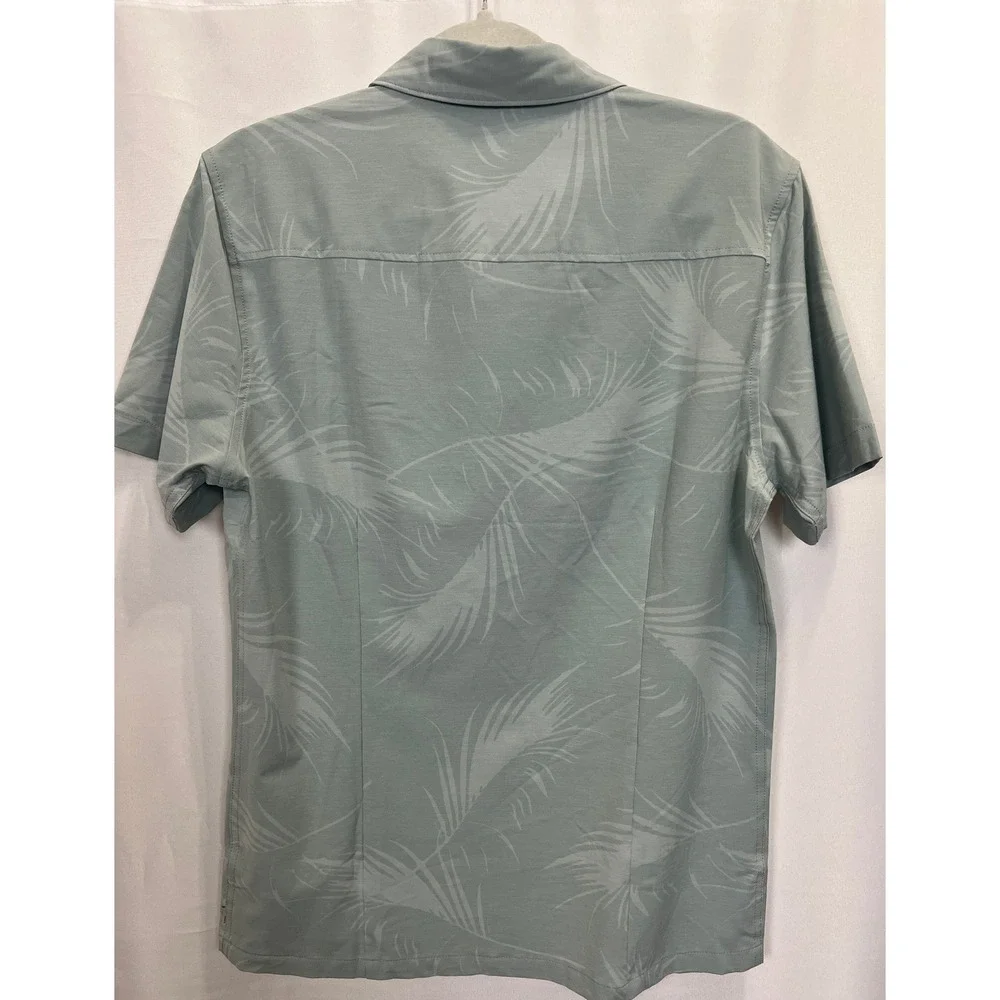 Vuori Mens Short Sleeve Button Up Shirt Sage Green Palm Print Stretch Top